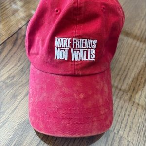 Men’s Distressed Red Baseball Cap Adjustable “MAKE FRIENDS NOT WALLS”   NWOT
